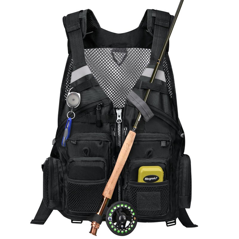 Gonex Fly Fishing Vest for Men Women, Comfortable Adjustable Fishing Vest with Multi-Pockets Reflective Stripes, Black - Image 1